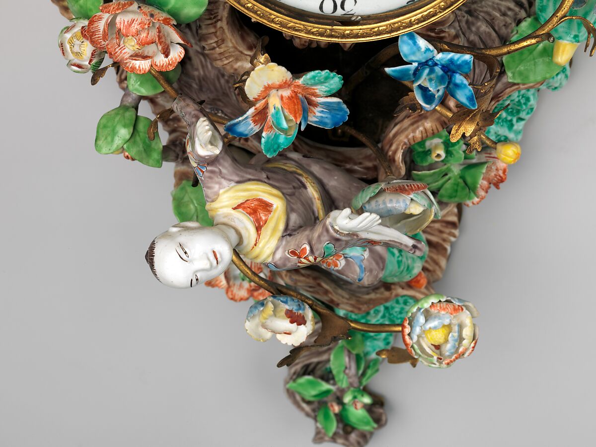 Wall clock (cartel), Clockmaker: Etienne LeNoir (French, 1675–1739), Case: soft-paste porcelain and partly gilded brass; Dial: white enamel; Movement: brass and steel, French, Paris with French, Chantilly case