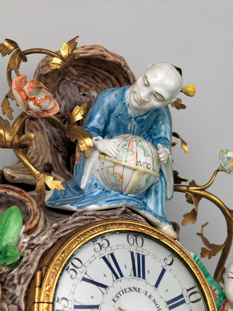 Wall clock (cartel), Clockmaker: Etienne LeNoir (French, 1675–1739), Case: soft-paste porcelain and partly gilded brass; Dial: white enamel; Movement: brass and steel, French, Paris with French, Chantilly case