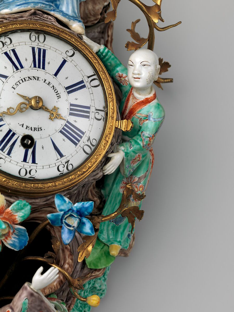 Wall clock (cartel), Clockmaker: Etienne LeNoir (French, 1675–1739), Case: soft-paste porcelain and partly gilded brass; Dial: white enamel; Movement: brass and steel, French, Paris with French, Chantilly case