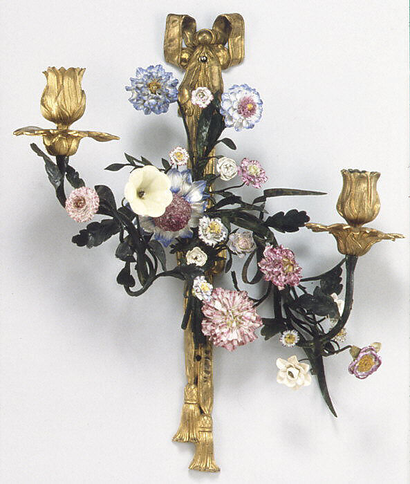 Pair of wall lights, Gilt bronze, painted iron, soft- and hard-paste porcelain, Italian