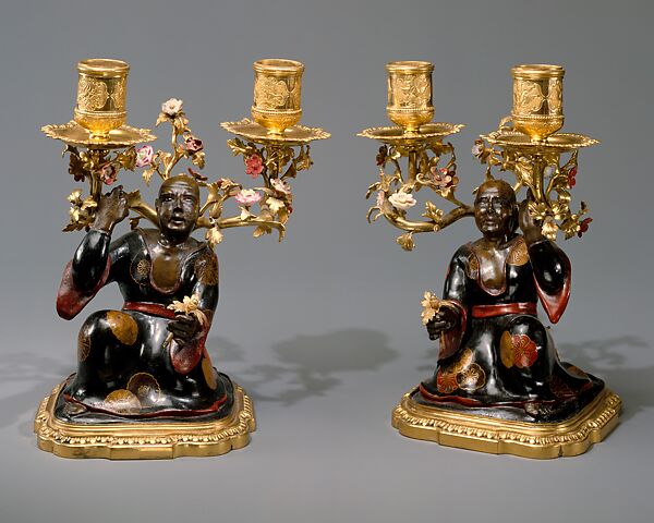 Pair of candelabra, Porcelain flowers by Meissen Manufactory (German, 1710–present), Lacquered wood; hard-paste porcelain, gilt-bronze, French 