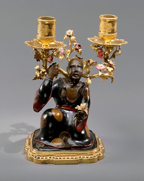 Pair of candelabra, Porcelain flowers by Meissen Manufactory (German, 1710–present), Lacquered wood; hard-paste porcelain, gilt-bronze, French