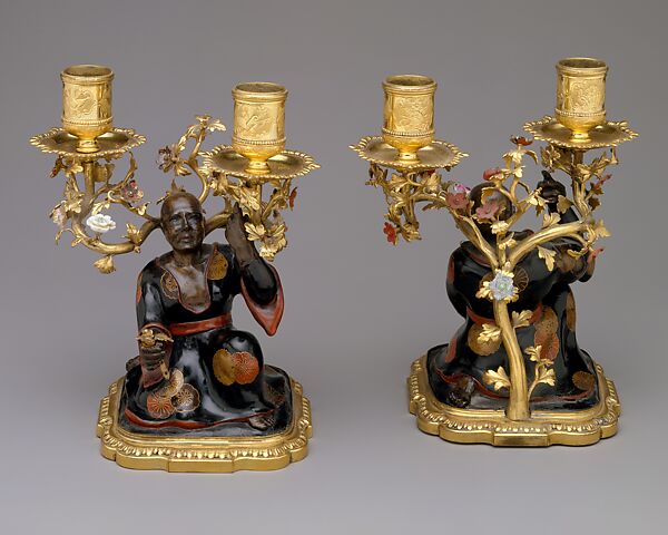 Pair of candelabra, Porcelain flowers by Meissen Manufactory (German, 1710–present), Lacquered wood; hard-paste porcelain, gilt-bronze, French