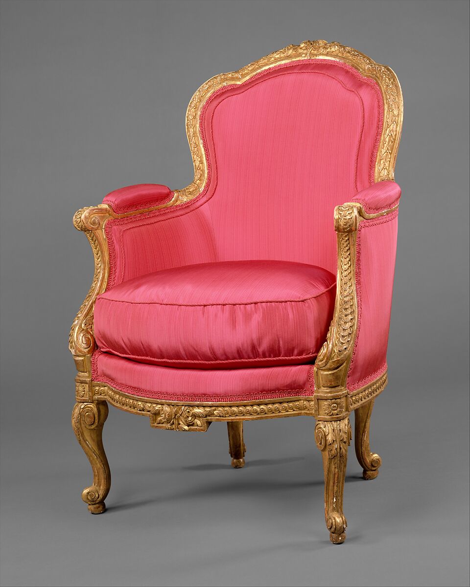 Armchair (bergère en cabriolet) (one of a pair), Claude-Louis Burgat (1717–before 1782, master 1744), Carved and gilded beechwood, upholstered in modern red strié faille, French 