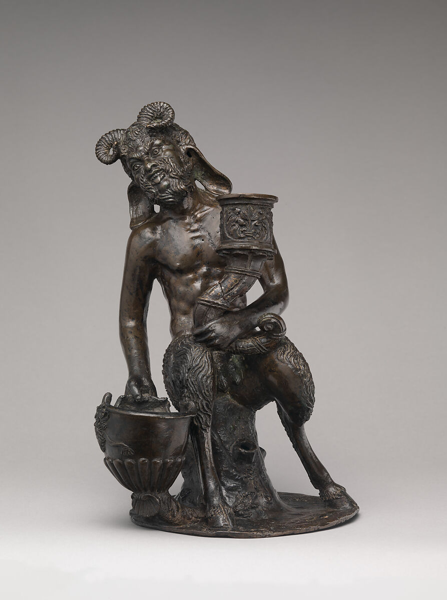 Seated satyr with an inkwell and a candlestick, Bronze, Northern Italian