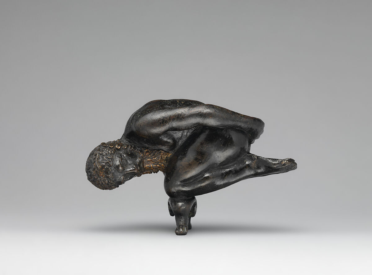 Oil lamp in the form of a bearded athlete balanced on his knees, Agostino Zoppo (Italian, ca. 1520–1572), Bronze, partially oil-gilt, Italian, Padua 