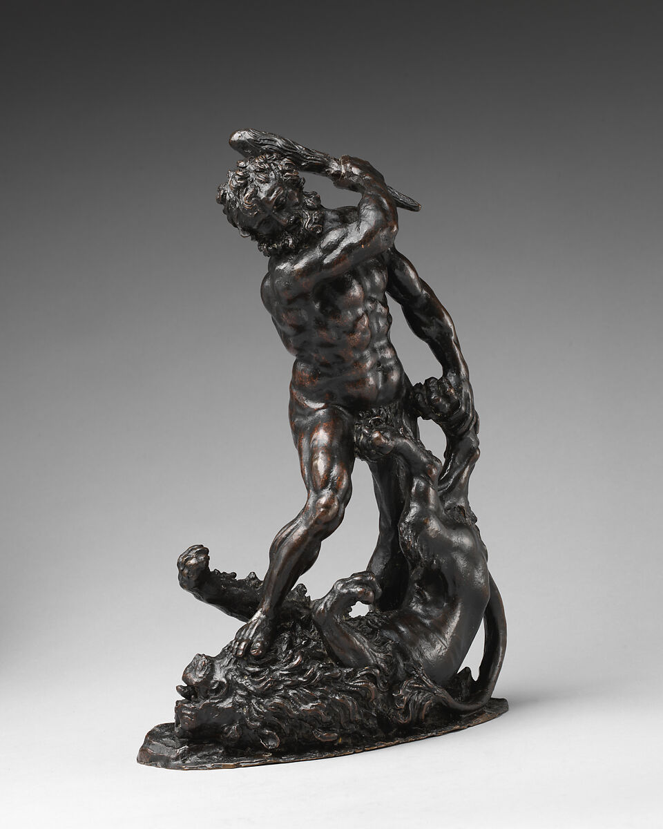 Hercules and the Nemean Lion, Bronze, with brown lacquer patina, Italian or German