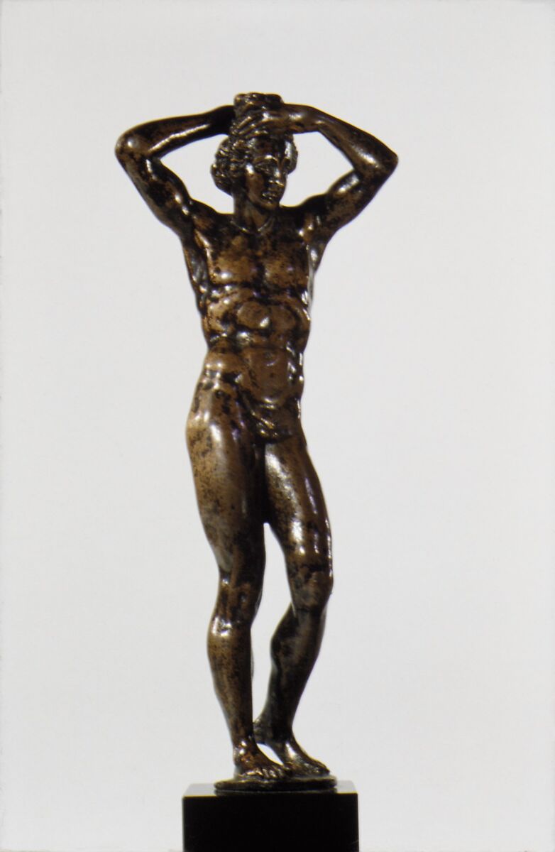 Male nude supporting a wreath on his head, Bronze, with remains of dark brown lacquer, probably French 