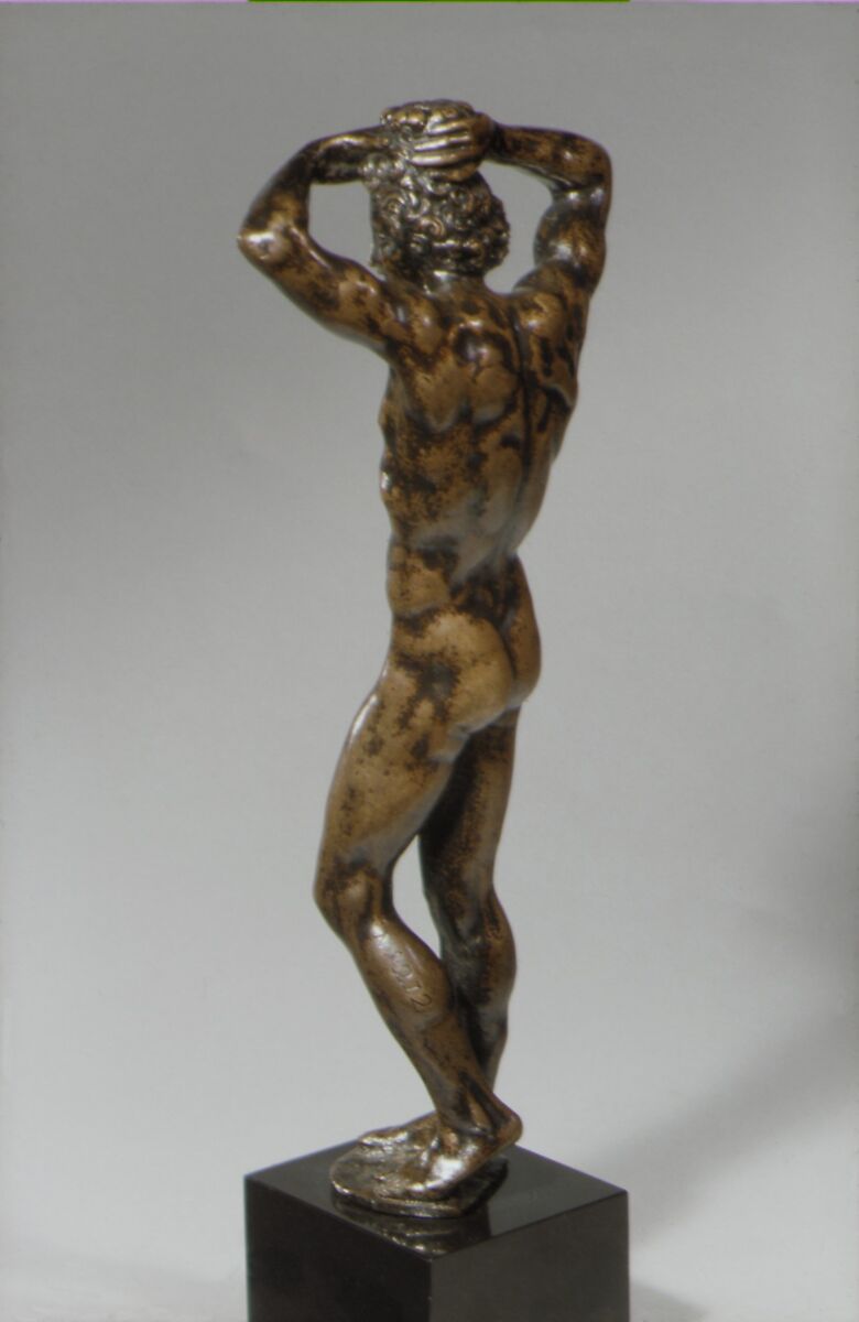 Male nude supporting a wreath on his head, Bronze, with remains of dark brown lacquer, probably French