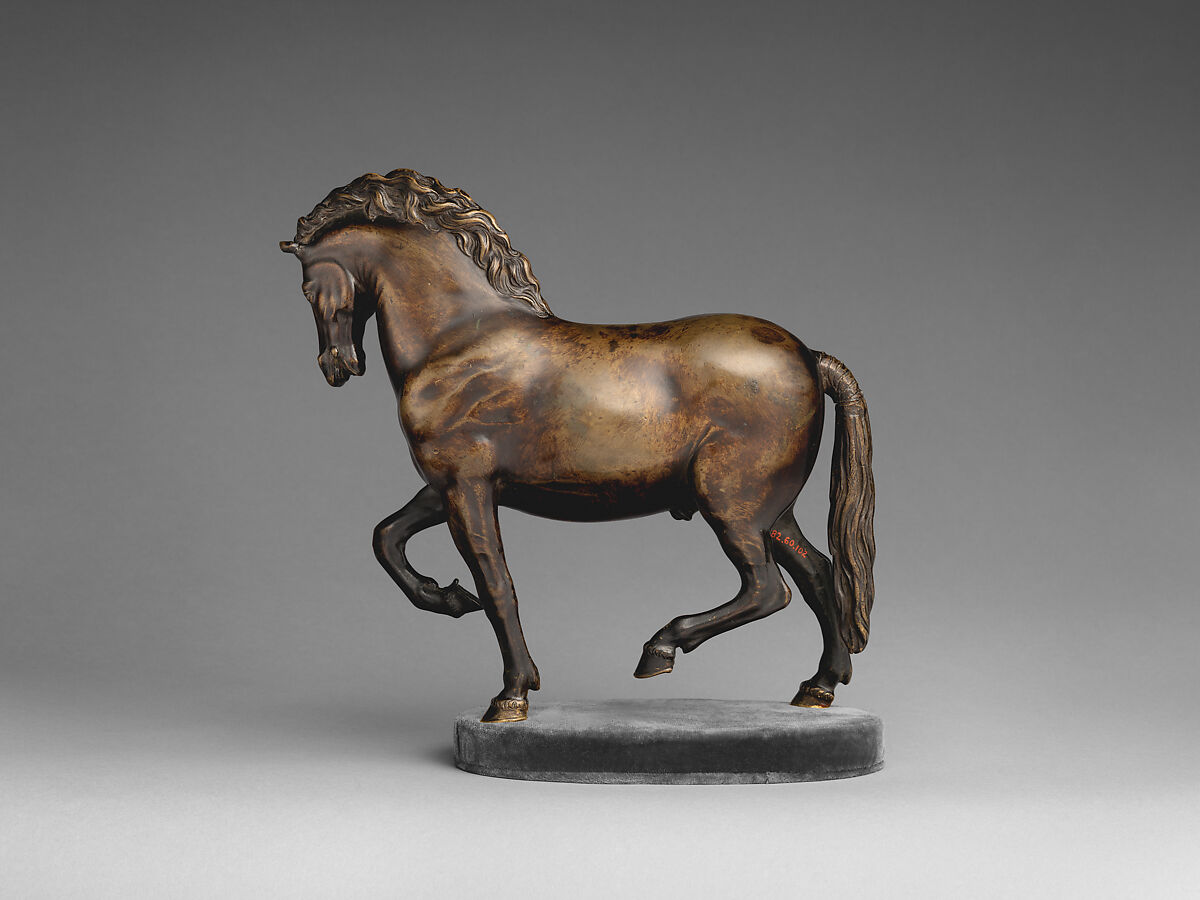 Trotting horse, After a model by Giambologna (Netherlandish, Douai 1529–1608 Florence), Bronze, with remains of red-brown lacquer, Italian 