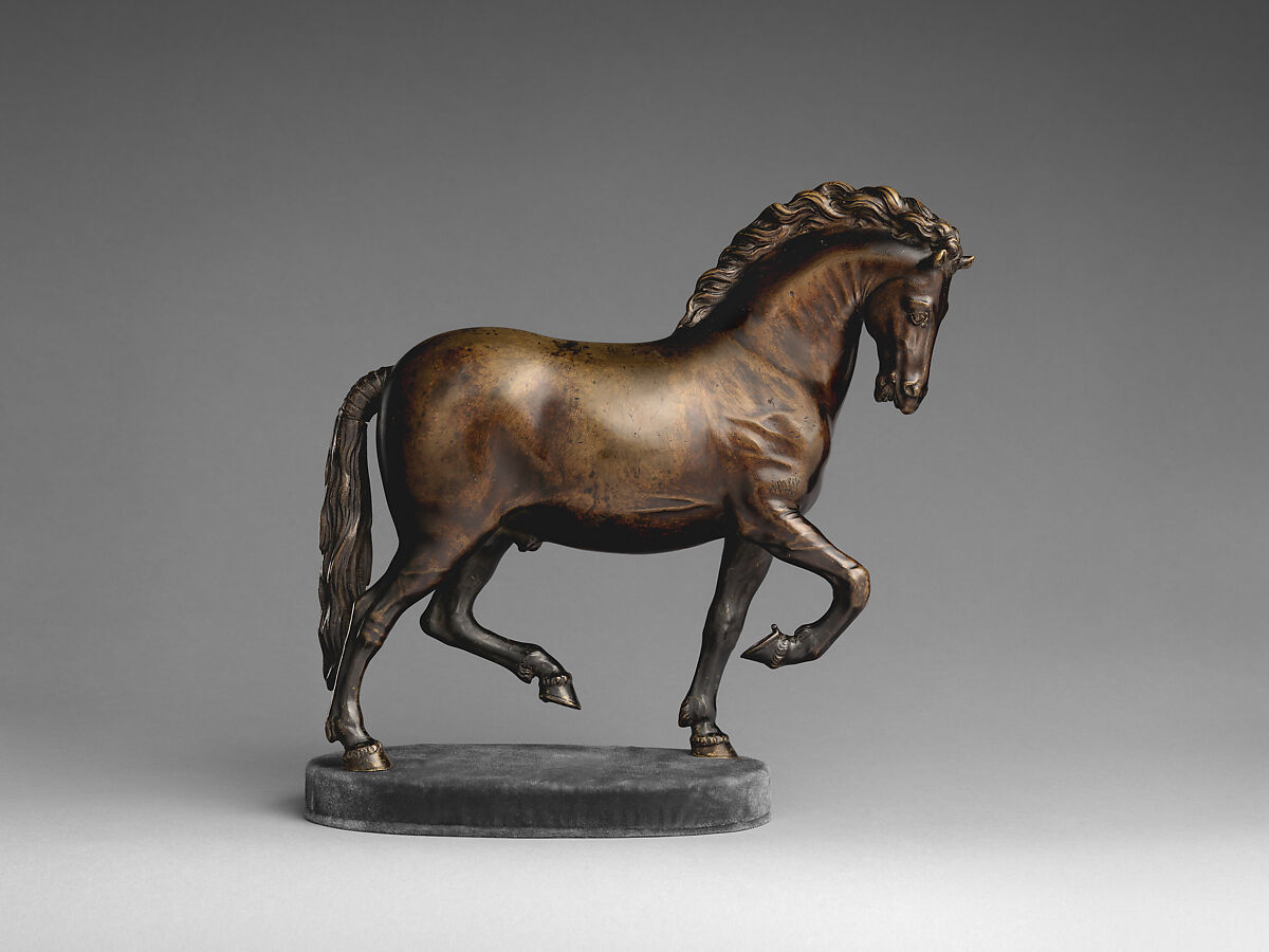 Trotting horse, After a model by Giambologna (Netherlandish, Douai 1529–1608 Florence), Bronze, with remains of red-brown lacquer, Italian