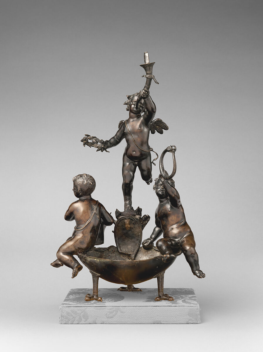 Inkwell with three putti, Francesco Bertos  Italian, Bronze, with remains of black lacquer, Italian, Padua