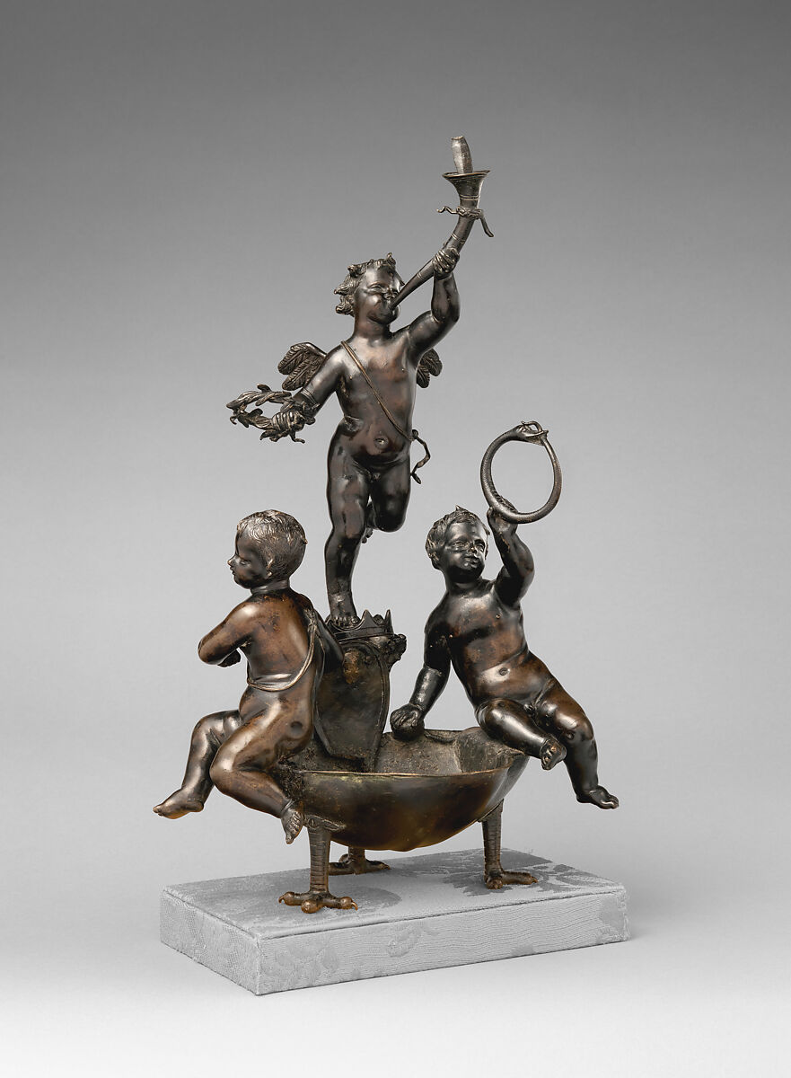 Inkwell with three putti, Francesco Bertos (Italian, 1678–1741), Bronze, with remains of black lacquer, Italian, Padua