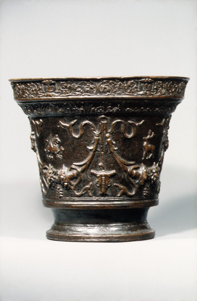 Renaissance-style mortar, Style of the workshop of Vincenzo Grandi (mentioned 1507–1577/78)  , and, Bronze, with dark brown lacquer patina, Italian, Padua or Trent