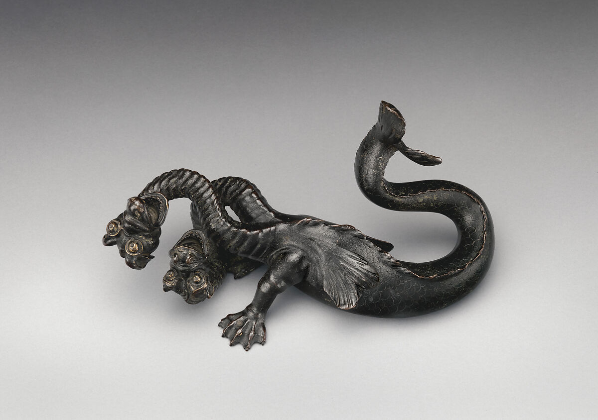 Pair of double-headed monsters, Bronze, with black lacquer patina, Italian, possibly Venice 