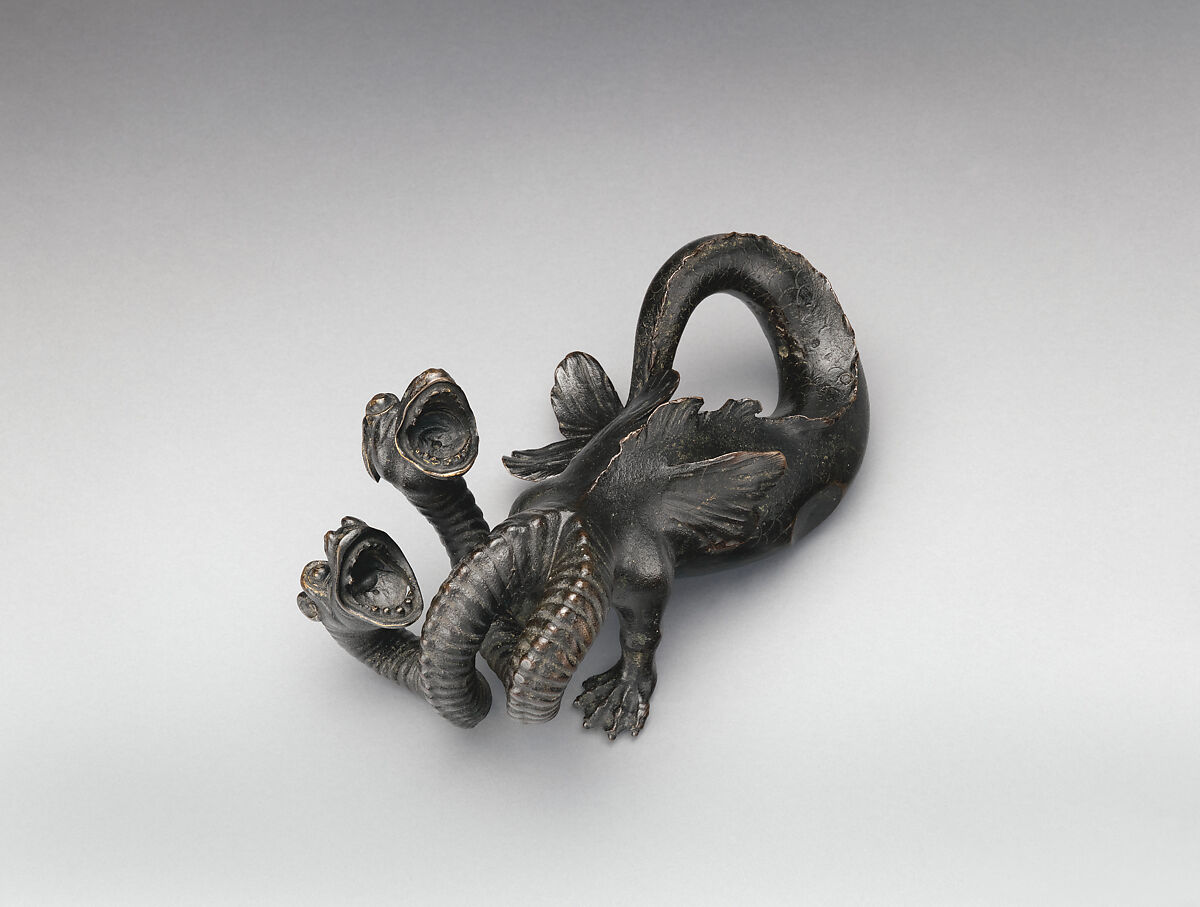 Pair of double-headed monsters, Bronze, with black lacquer patina, Italian, possibly Venice
