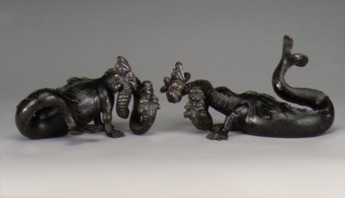 Pair of double-headed monsters, Bronze, with black lacquer patina, Italian, possibly Venice