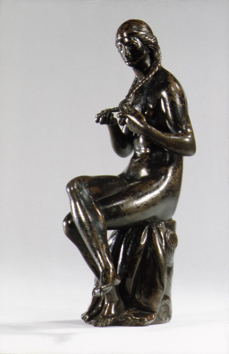 Girl Braiding her Hair, Barthélemy Prieur (French, Berzieux ca. 1536–1611 Paris), Bronze, with red-brown lacquer patina, French 