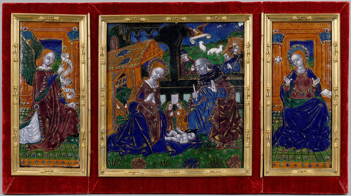 Triptych with the Nativity and the Annunciation, In the style of the Master of the Orléans Triptych (French, active late 15th–early 16th century), Painted enamel on copper, partly gilt, French, Limoges 