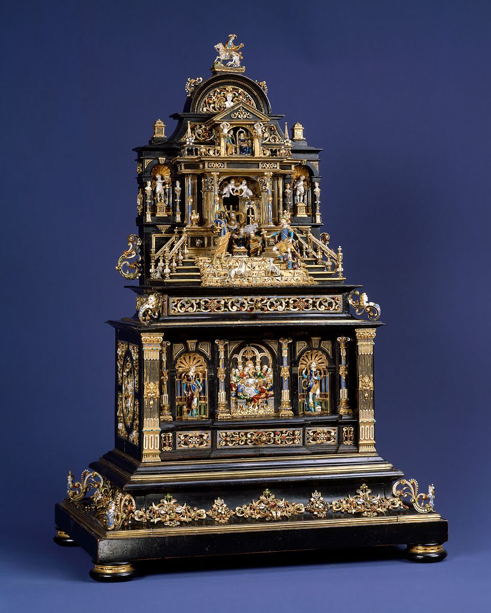 Miniature cabinet or house altar, Reinhold Vasters (German, Erkelenz 1827–1909 Aachen), Ebonized fruitwood and enameled gold, probably French 