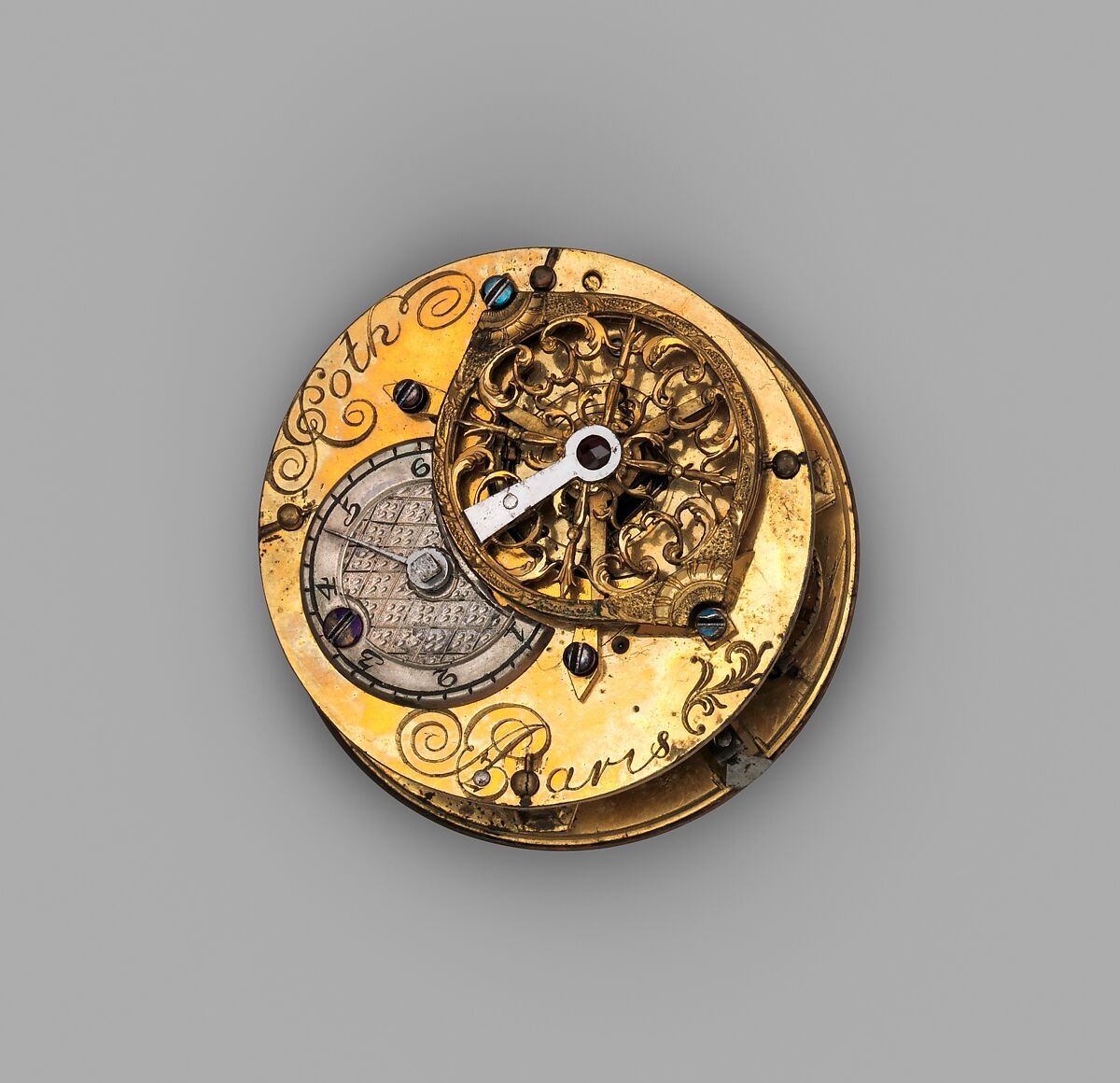 Nécessaire with watch, Casket: gold and mother-of-pearl, lined with dark-red velvet; Watch: brass and partly blued steel, German