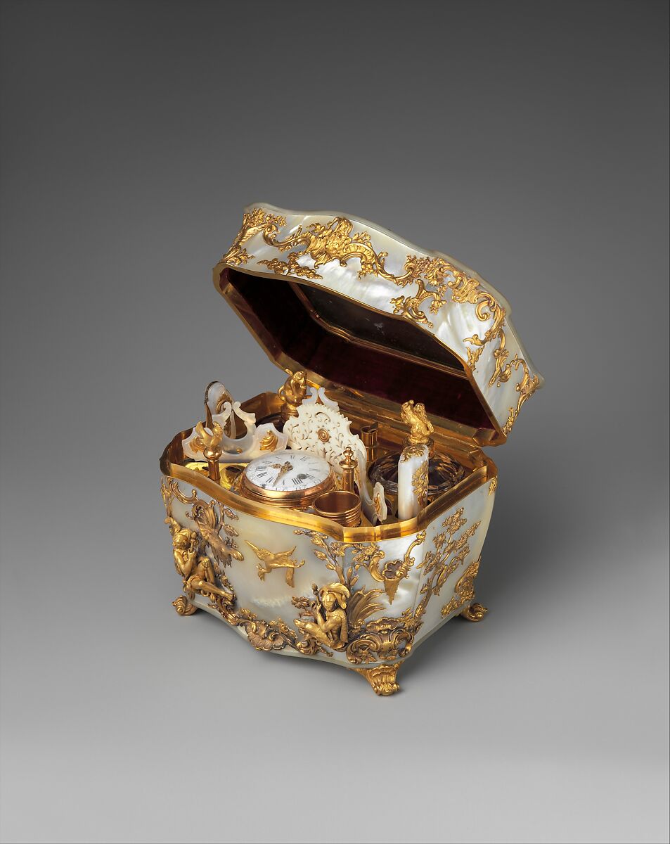 Nécessaire with watch, Casket: gold and mother-of-pearl, lined with dark-red velvet; Watch: brass and partly blued steel, German 