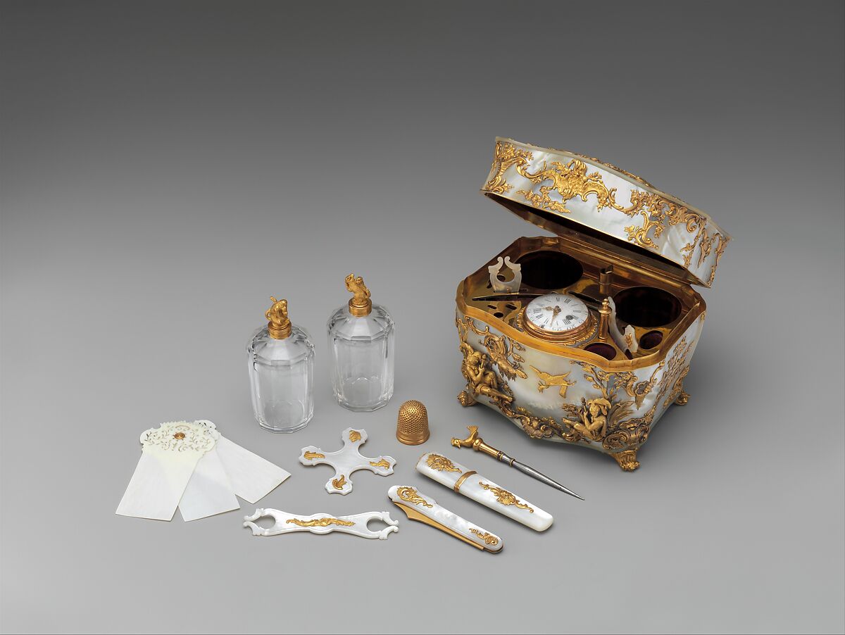 Nécessaire with watch, Casket: gold and mother-of-pearl, lined with dark-red velvet; Watch: brass and partly blued steel, German