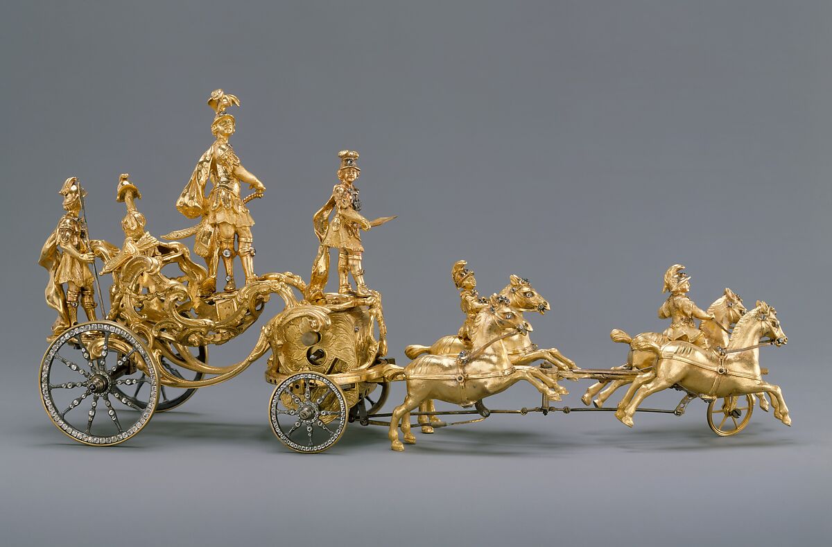 Automaton in the Form of a Triumphal Chariot Drawn by Four Horses, Gilt bronze, brilliants, British 