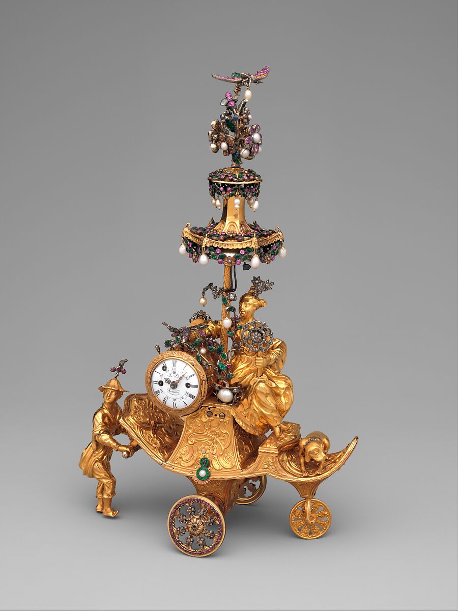 Automaton in the form of a chariot pushed by a Chinese attendant and set with a clock, James Cox (British, ca. 1723–1800), Case: gold with diamonds and paste jewels set in silver, pearls; Dial: white enamel; Movement: partly gilded brass and steel, wheel balance and cock of silver set with paste jewels, British, London 