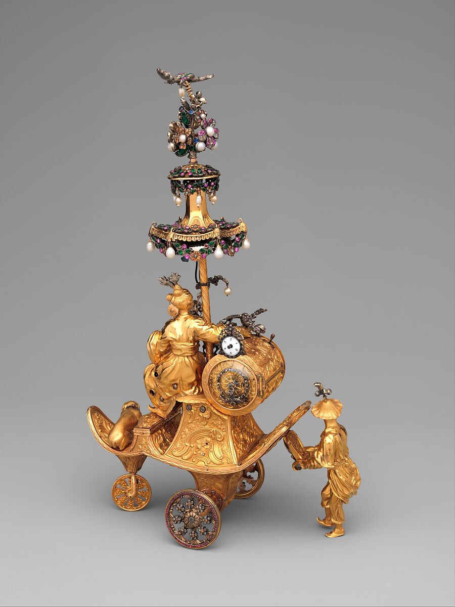 Automaton in the form of a chariot pushed by a Chinese attendant and set with a clock, James Cox (British, ca. 1723–1800), Case: gold with diamonds and paste jewels set in silver, pearls; Dial: white enamel; Movement: partly gilded brass and steel, wheel balance and cock of silver set with paste jewels, British, London