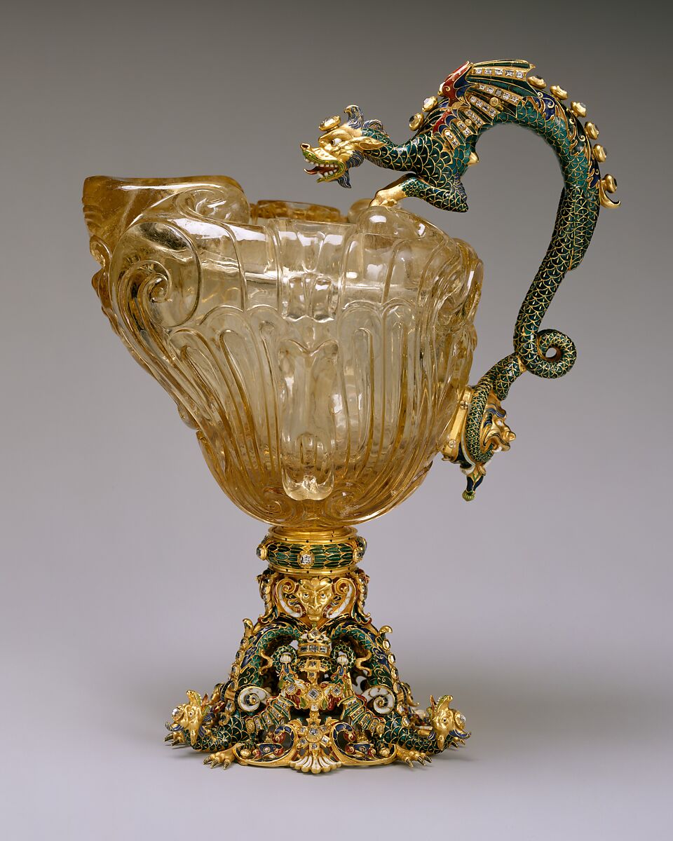 Ewer, Attributed to the workshop of Ferdinand Eusebio Miseroni (Italian, active Prague, working 1656–84), Smoky rock crystal, enamel, gold, diamonds, Bohemian, Prague with French, Paris mounts 