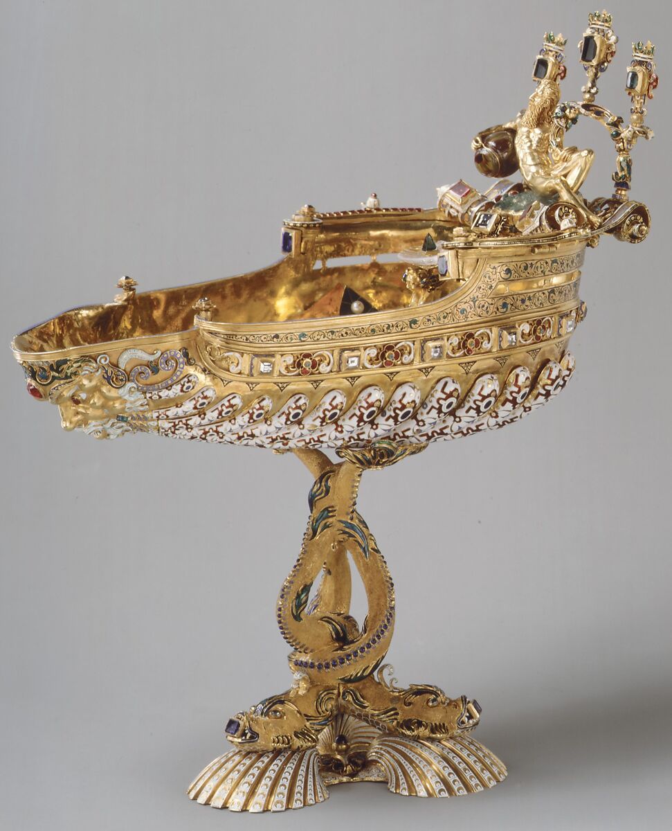 Cup, Gold, partly enameled and set with diamonds, emeralds, rubies, pearls, sardonyx, and glass, European 