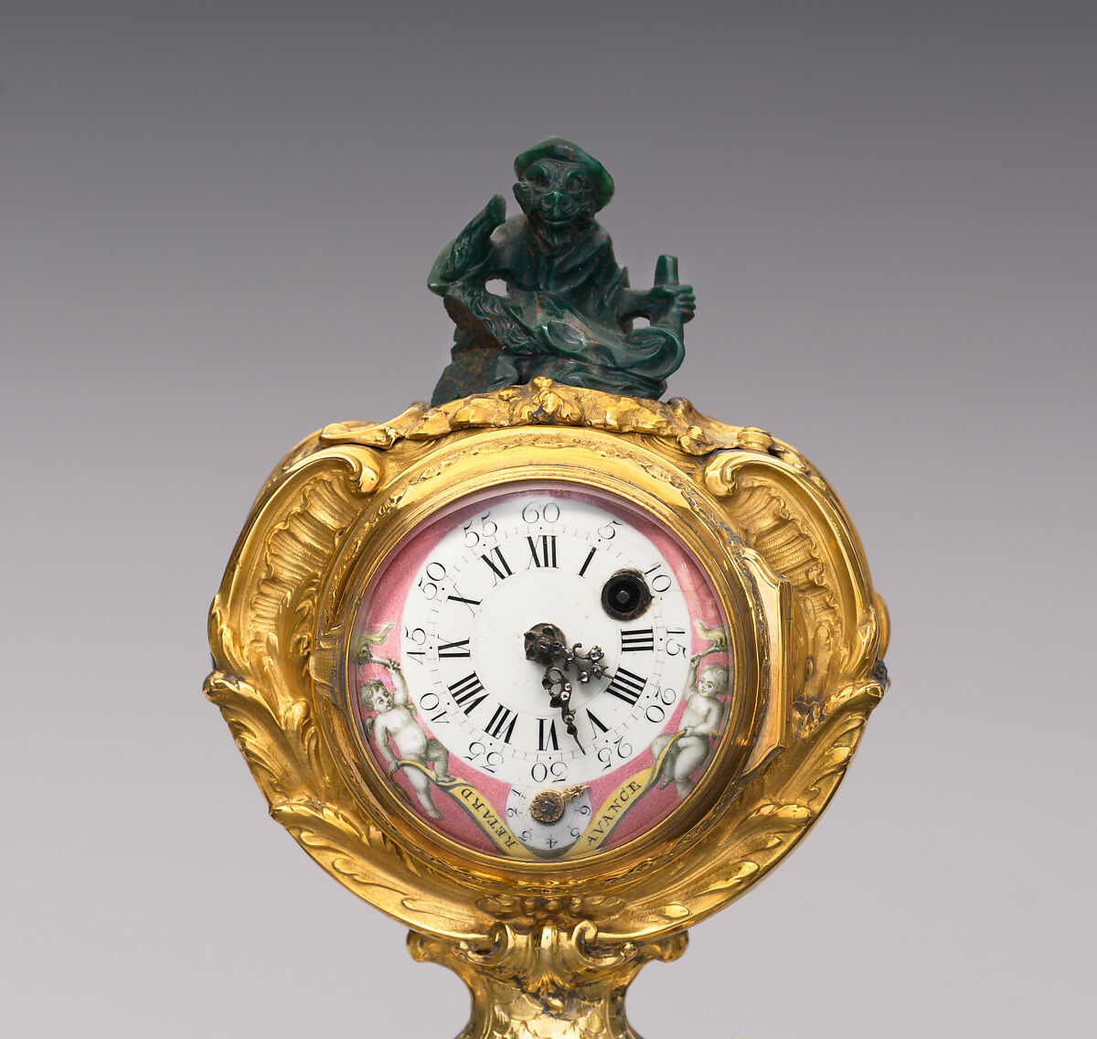 Miniature clock in the form of an elephant supporting a watch case, Agate, heliotrope, gold and diamonds, possibly German, Dresden