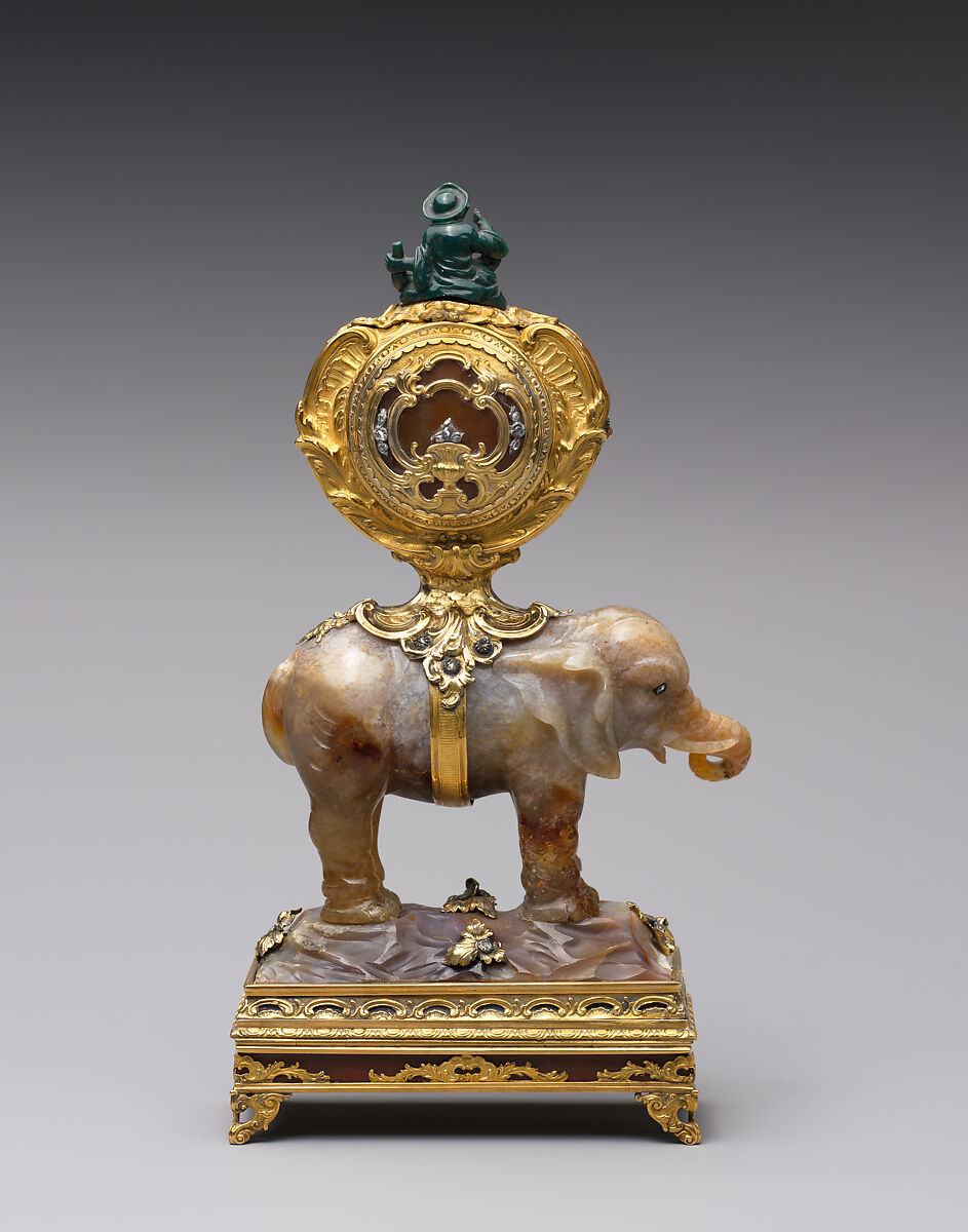 Miniature clock in the form of an elephant supporting a watch case, Agate, heliotrope, gold and diamonds, possibly German, Dresden