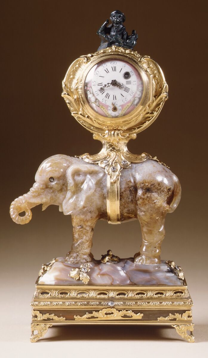 Miniature clock in the form of an elephant supporting a watch case, Agate, heliotrope, gold and diamonds, possibly German, Dresden 