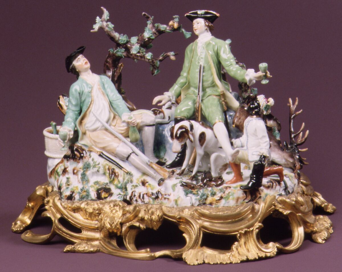 Hunters with attendant, Höchst Manufactory (German, 1746–1796), Hard-paste porcelain, gilt bronze, German, Höchst 