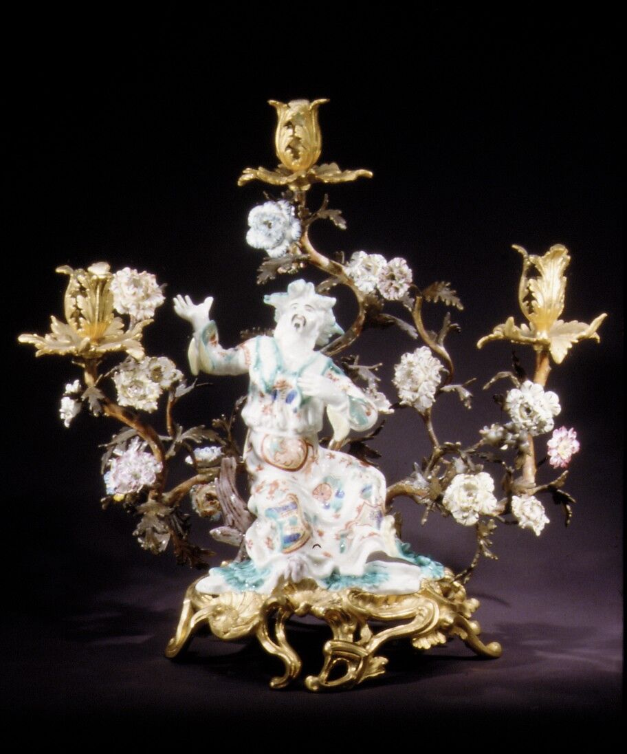 Figure mounted as a candelabrum (one of a pair), Saint-Cloud factory (French, mid-1690s–1766), Soft-paste porcelain decorated in polychrome enamels, gold; gilt bronze mounts, French, Saint-Cloud