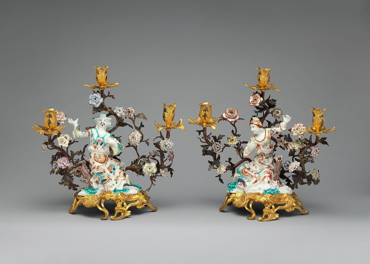 Figure mounted as a candelabrum (one of a pair), Saint-Cloud factory (French, mid-1690s–1766), Soft-paste porcelain decorated in polychrome enamels, gold; gilt bronze mounts, French, Saint-Cloud 