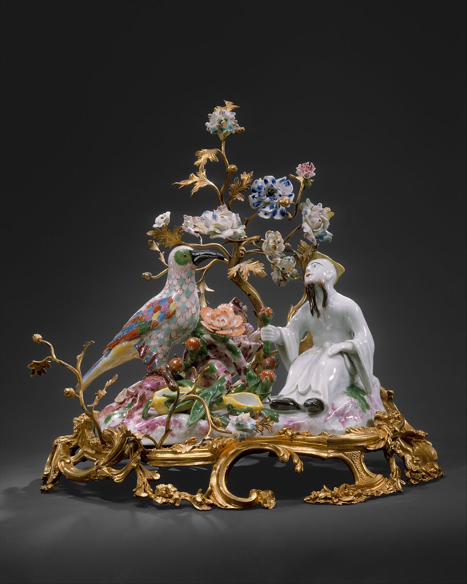 Chinese figure with bird, Meissen Manufactory (German, 1710–present), Hard-paste porcelain with gilt-bronze mounts and soft-paste porcelain flowers, German, Meissen with French mounts and French, Vincennes flowers 