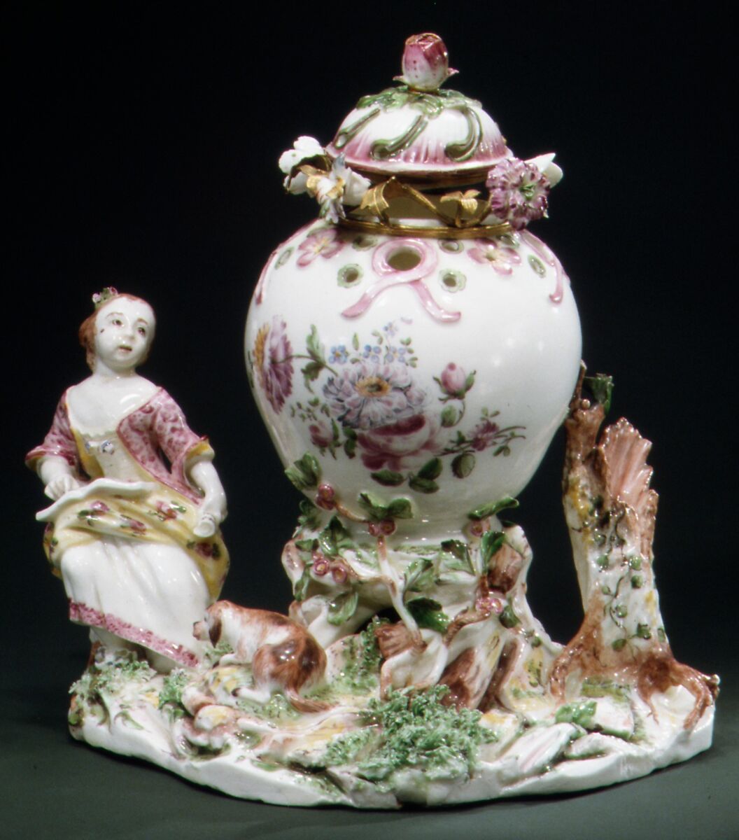 Potpourri Vase with Girl and Dog, Mennecy, Soft-paste porcelain, French, Mennecy 