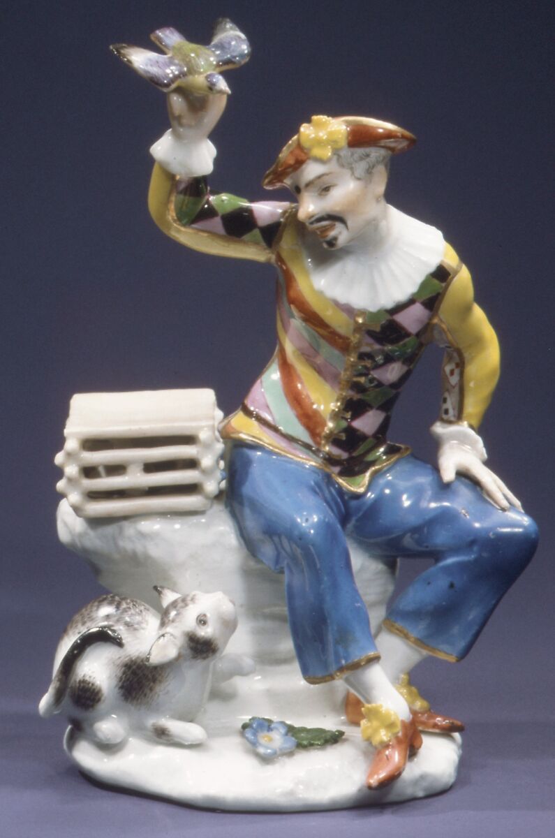 Harlequin with Bird and Cat, Johann Friedrich Eberlein (German, 1695–1749), Hard-paste porcelain, German, Meissen 