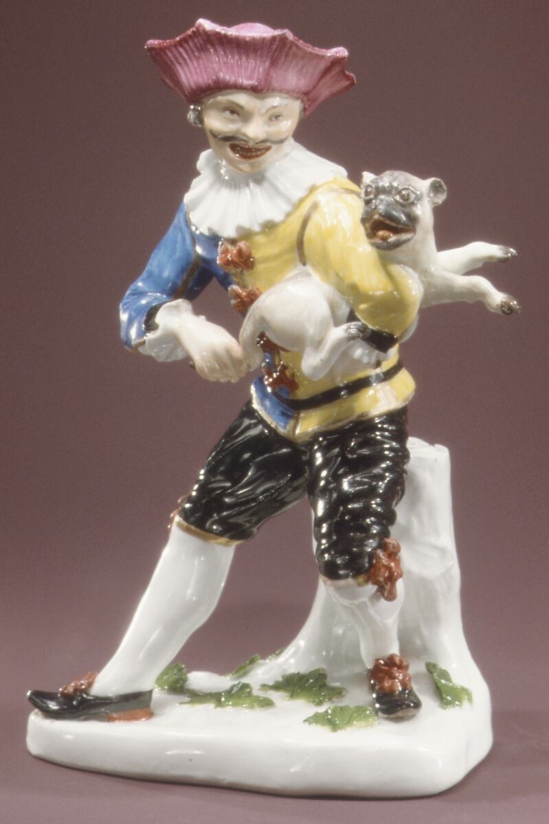 Harlequin with pug as hurdy-gurdy, Meissen Manufactory (German, 1710–present), Hard-paste porcelain, German, Meissen 