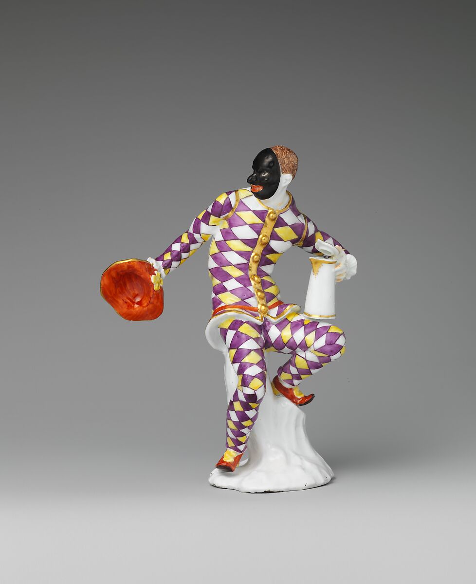 Harlequin with jug, Meissen Manufactory (German, 1710–present), Hard-paste porcelain decorated in polychrome enamels, gold, German, Meissen 