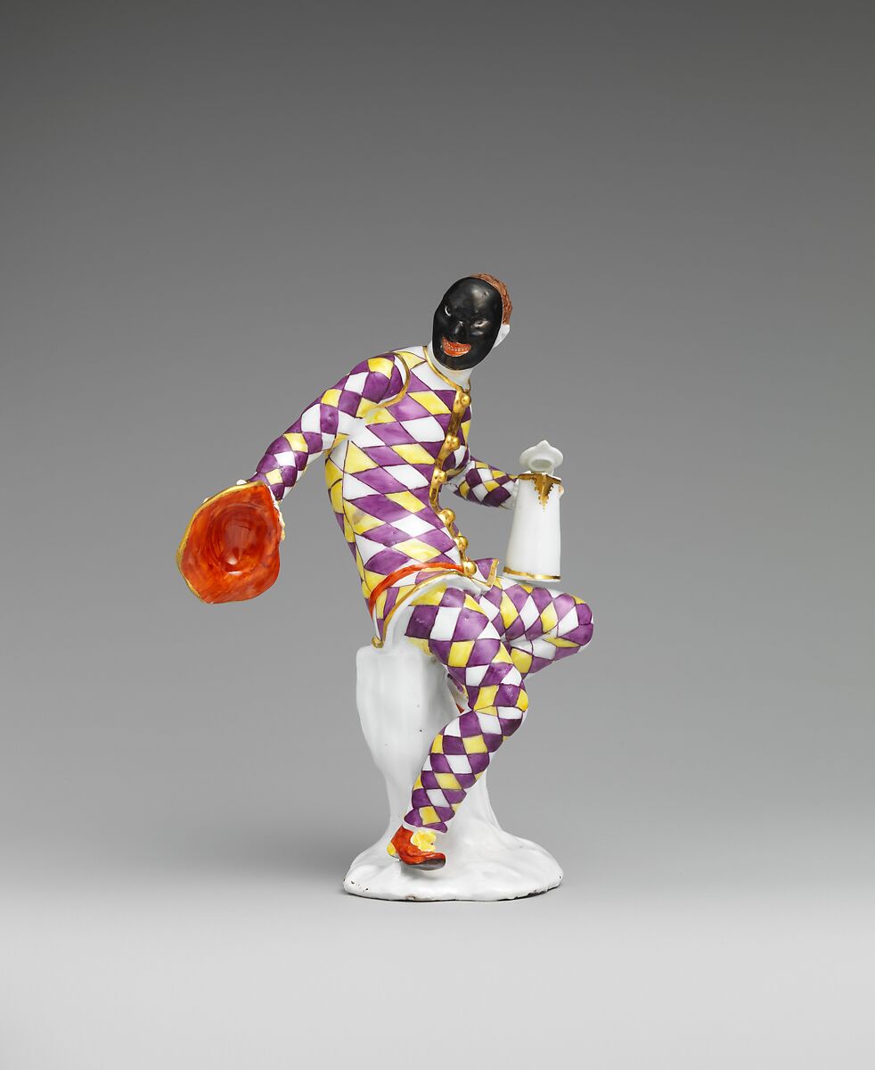 Harlequin with jug, Meissen Manufactory (German, 1710–present), Hard-paste porcelain decorated in polychrome enamels, gold, German, Meissen
