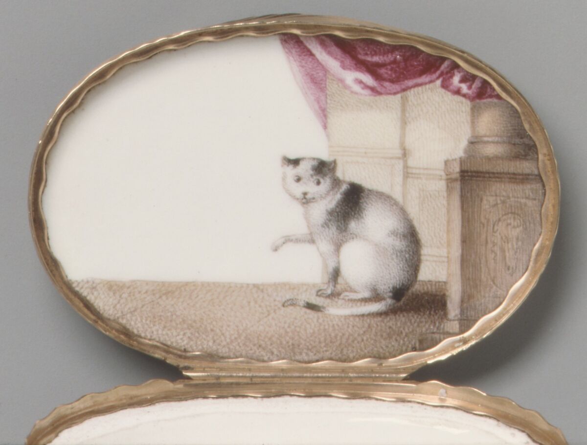 Snuffbox in the form of a cat, Meissen Manufactory (German, 1710–present), Hard-paste porcelain, gold, German, Meissen