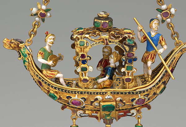 Pendant in the form of a gondola, Enameled gold set with diamonds, emeralds, rubies and pearls and with pendant pearls, European