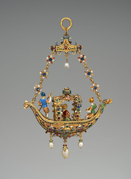 Pendant in the form of a gondola, Enameled gold set with diamonds, emeralds, rubies and pearls and with pendant pearls, European