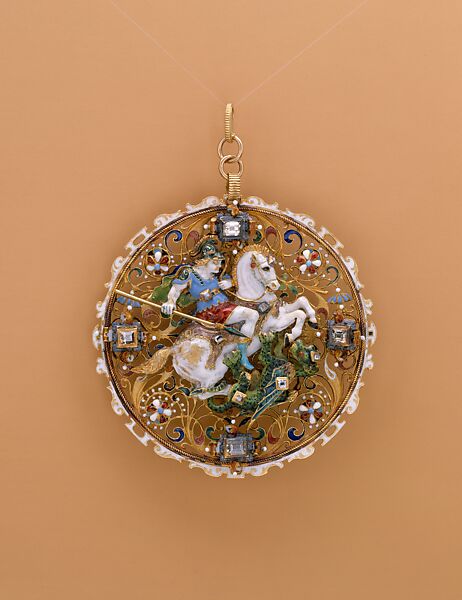 Pendant with Saint George and the Dragon, Enameled gold set with diamonds, possibly French 