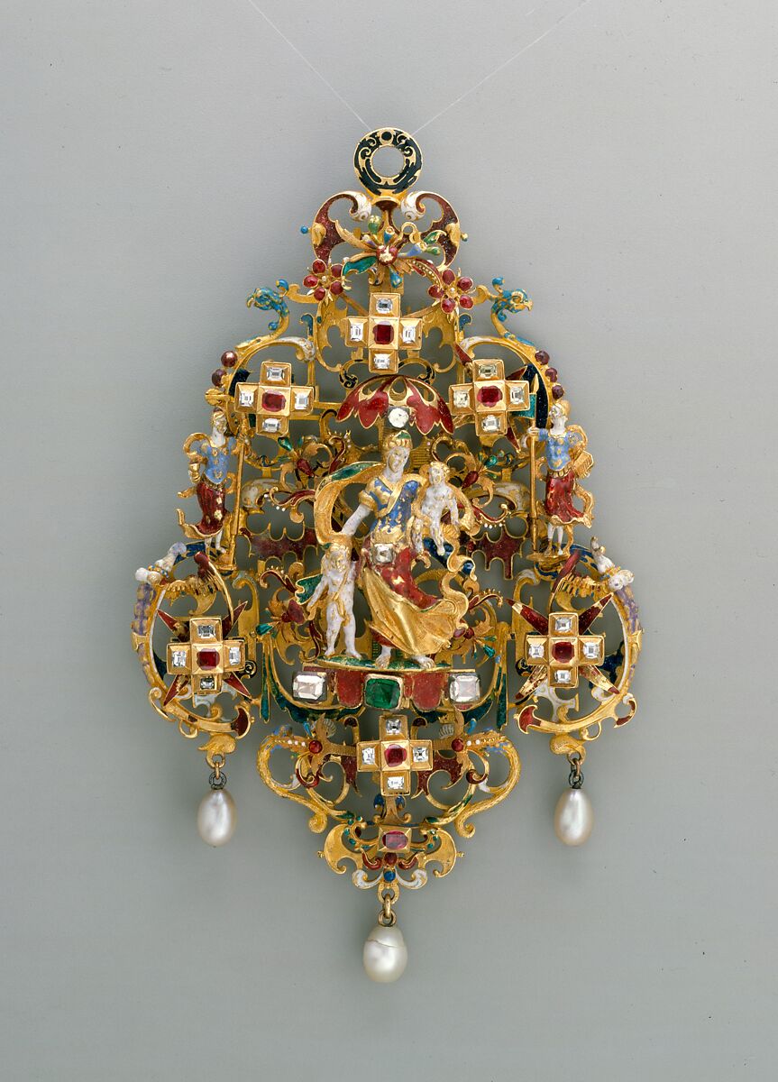 Pendant with Charity and Her Children, Gold, partly enameled and set with diamonds, rubies, and an emerald and with pendant pearls, probably German, Augsburg 
