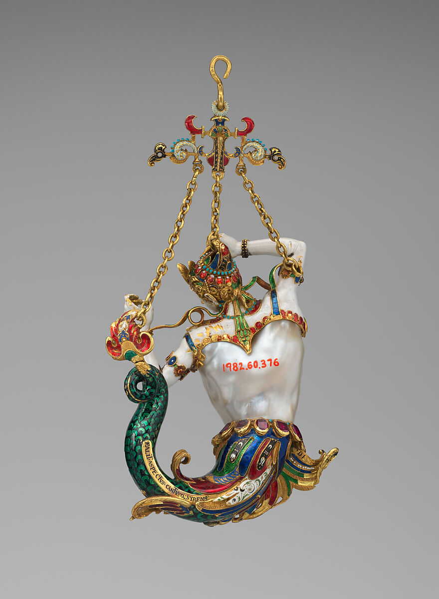 Pendant in the form of a siren, Baroque pearl with enameled gold mounts set with rubies, European